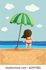 Vector illustration of a standing lady on the beach.