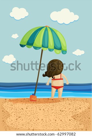 Vector illustration of a standing lady on the beach.