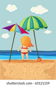 Vector illustration of a standing lady under umbrellas at the beach.