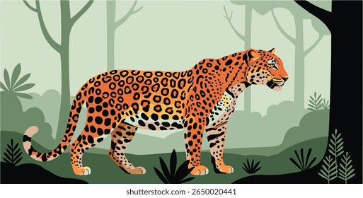 Vector illustration of a standing leopard with vibrant orange fur and black spots.