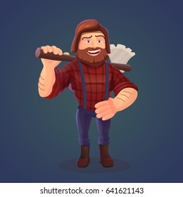 Vector illustration of standing lumberjack with axe. A cartoon character of happy feller with beard in red shirt and tailors. A concept of hipster woodcutter on dark blue background.