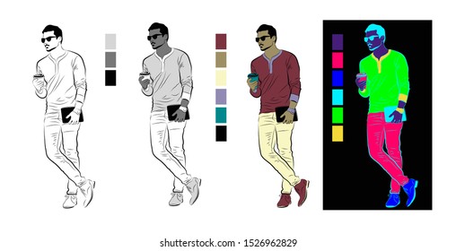 Vector illustration of a standing man with a cup of coffee. Different versions of isolated images of a man.