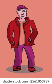 Vector illustration of a standing man. A man with his hands in his jacket pockets and a cap on his head. Man, figure, clothes. Stylish clothes, fashion, person, pose.