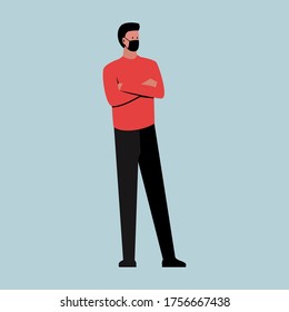 Vector illustration of a standing man wearing a mask. Stylish young man standing with arms crossed wearing face mask