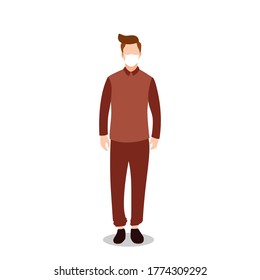 Imagen vectorial de un hombre de pie con una máscara. Ilustración plana