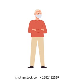 Vektorillustration-Illustration mit stehendem alten Mann in medizinischer Gesichtsmaske einzeln auf Weiß. Unterschiedlicher vorrangiger Charakter bei der Vorbeugungsmaske von Luftverschmutzung in Städten, durch die Luft übertragbaren Krankheiten, Koronavirus.