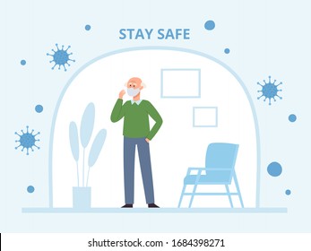 Ilustración vectorial con un anciano de pie con mascarilla médica aislado del coronavirus. Carácter superior de la máscara de prevención de la contaminación atmosférica urbana, las enfermedades transmitidas por el aire, los virus.