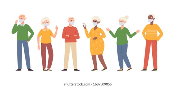 Vector illustration with standing old men and women in medical face mask isolated on white. Different senior characters in prevention masks from urban air pollution, airborne diseases, coronavirus.