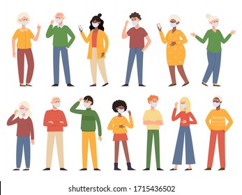 Vector illustration with standing old and young men and women in medical face mask isolated on white. Different characters in prevention masks from urban air pollution, airborne diseases, coronavirus.