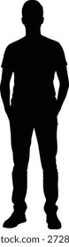 Ilustración vectorial de icono de persona de pie en silueta relajada con camisa de manga corta, pantalones y manos en los bolsillos