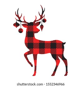 Vector illustration of a standing reindeer with Christmas ornaments. Holiday red buffalo plaid reindeer design.