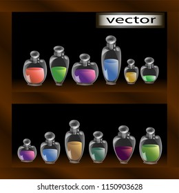 Vector illustration standing in rows on shelves in the Cabinet decorative retro bottles of different shapes and sizes with glass lid with magic potion, syrup or medicine