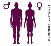  Vector illustration of standing silhouettes of man and woman, female and male signs isolated on white background