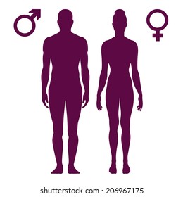  Vector illustration of standing silhouettes of man and woman, female and male signs isolated on white background