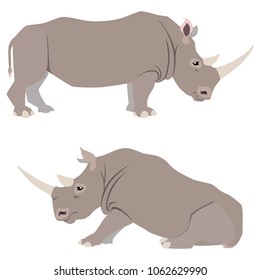Vector illustration of standing and sitting rhinoceroses isolated on white background