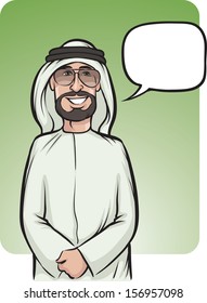 Vector illustration of standing smiling arab man in traditional clothes. Easy-edit layered vector EPS10 file scalable to any size without quality loss. High resolution raster JPG file is included.