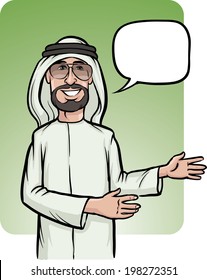 Vector illustration of standing smiling arab man showing direction. Easy-edit layered vector EPS10 file scalable to any size without quality loss.