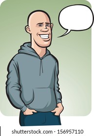 Vector illustration of standing smiling bald man in hoodie. Easy-edit layered vector EPS10 file scalable to any size without quality loss. High resolution raster JPG file is included.