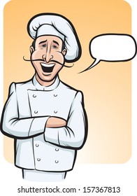 Vector illustration of standing smiling chef with speech balloon. Easy-edit layered vector EPS10 file scalable to any size without quality loss. High resolution raster JPG file is included.