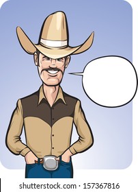 Vector illustration of standing smiling cowboy in hat with speech balloon. Easy-edit layered vector EPS10 file scalable to any size without quality loss. High resolution raster JPG file is included.