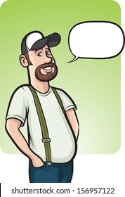 Vector illustration of standing smiling farmer with speech balloon. Easy-edit layered vector EPS10 file scalable to any size without quality loss. High resolution raster JPG file is included.