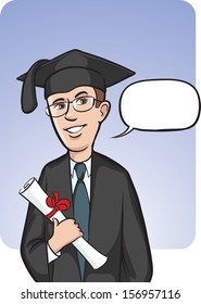 Vector illustration of standing smiling graduate with speech balloon. Easy-edit layered vector EPS10 file scalable to any size without quality loss. High resolution raster JPG file is included.