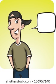 Vector illustration of standing smiling guy with speech balloon. Easy-edit layered vector EPS10 file scalable to any size without quality loss. High resolution raster JPG file is included.