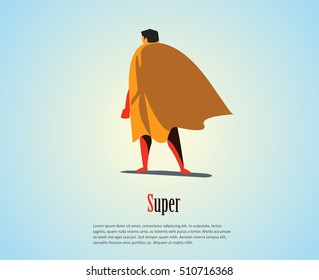 Vector illustration of standing superhero, business power icon, red costume with orange cape, Super Hero cartoon man character 