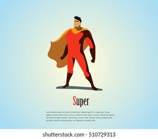 Vector illustration of standing superhero, business power icon, red costume with orange cape, Super Hero cartoon man character 