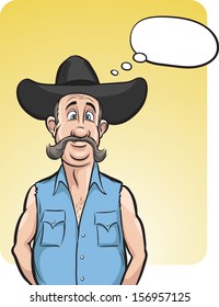 Vector illustration of standing surprised cowboy with speech balloon. Easy-edit layered vector EPS10 file scalable to any size without quality loss. High resolution raster JPG file is included.