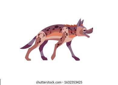 Vector illustration of standing and walking hyena. View side. Cartoon isolated on white background.