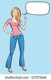 Vector illustration of Standing woman in jeans with speech bubble pointing. Easy-edit layered vector EPS10 file scalable to any size without quality loss. High resolution raster JPG file is included.
