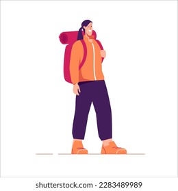 Vector illustration of a standing woman traveler hiker with backpack.