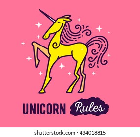 Vector illustration of standing wonderful yellow unicorn with horn, mane, tail and inscription unicorn rules on pink background with stars. Thin flat line art design to make unicorn poster, card