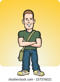 Vector illustration of standing young man with arms crossed. Easy-edit layered vector EPS10 file scalable to any size without quality loss. High resolution raster JPG file is included.