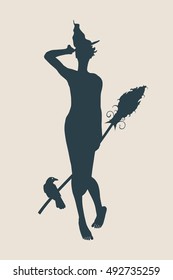 Vector illustration of standing young witch icon. Witch silhouette with a broomstick. Halloween relative image
