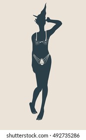 Vector illustration of standing young witch icon. Witch silhouette. Unusual underwear. Halloween relative image