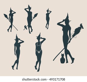 Vector illustration of standing young witches icons set. Witches silhouettes collection. Halloween relative image