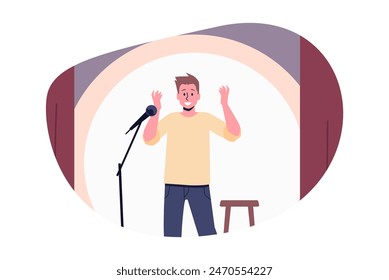 Vector illustration of a stand-up comedian performing in a comedy show. A young man with a microphone makes jokes, a humorous monologue on the modern stage.