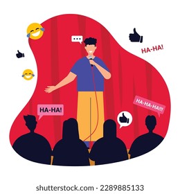 Ilustración vectorial de un rendimiento de stand-up. Escena de caricatura con un comediante en stand-up en un show frente a una audiencia y contando historias divertidas y humorísticas aisladas en un fondo blanco.