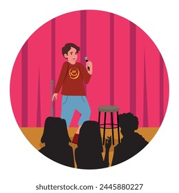 Vector illustration of a standup performance cartoon scene with a standup comedian performing in a show in front of an audience and telling funny and humorous stories isolated on a white background