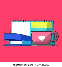 Vector illustration of stapler, a cup of tea and calendar / task reminder