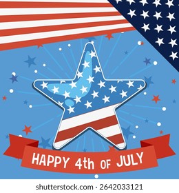 Vector illustration of a star with American flag elements, vibrant colors, and festive design for Fourth of July celebrations