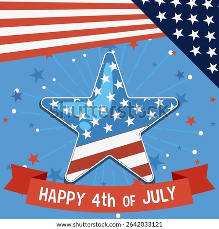 Vector illustration of a star with American flag elements, vibrant colors, and festive design for Fourth of July celebrations