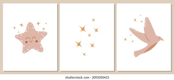  Vector illustration of star and bird in the style of kids boho. Boho style shining star and bird poster set. Decoration for the nursery.