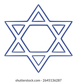 Ilustração vetorial de uma Estrela de Davi, um símbolo proeminente no judaísmo, retratado em um estilo de arte de linha azul em negrito e minimalista sobre um fundo branco.