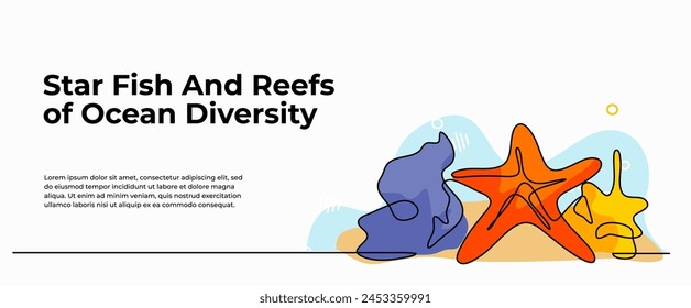 Vector illustration of star fish and reefs of ocean diversity. Modern flat in continuous line style.