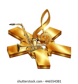 Vector illustration star of golden arrows with saxophone and trumpet. Isolated object on a white background can be used with any text or image.