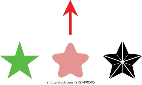 Vector illustration of star icon set with colorful shapes, upward arrow, selection symbol, and decorative design element