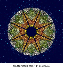 Vector illustration of star made of dots. Background textured element.